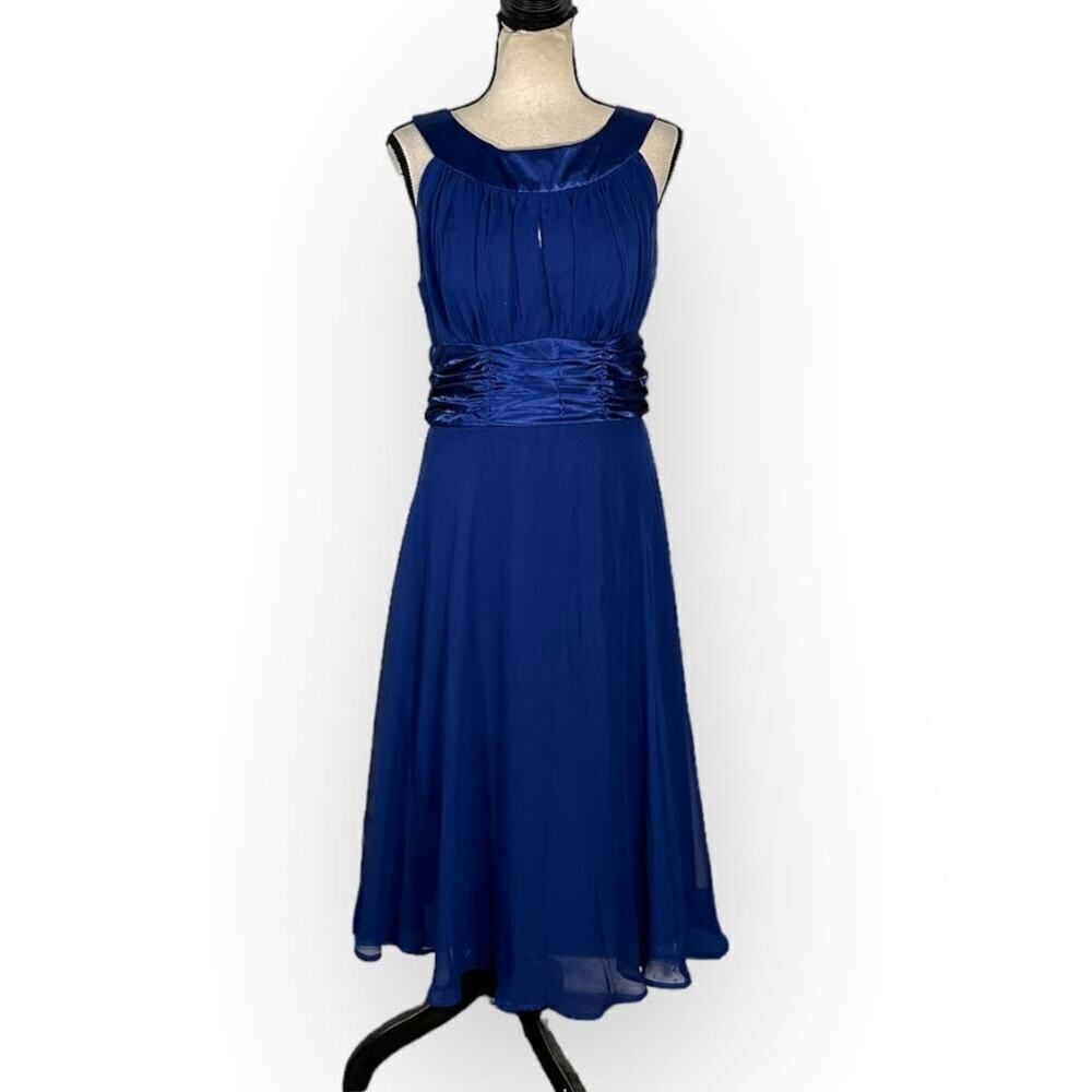 Dressbarn Collection Dress Women's 10 Blue Chiffon Midi A-Line Sleeveless Satin